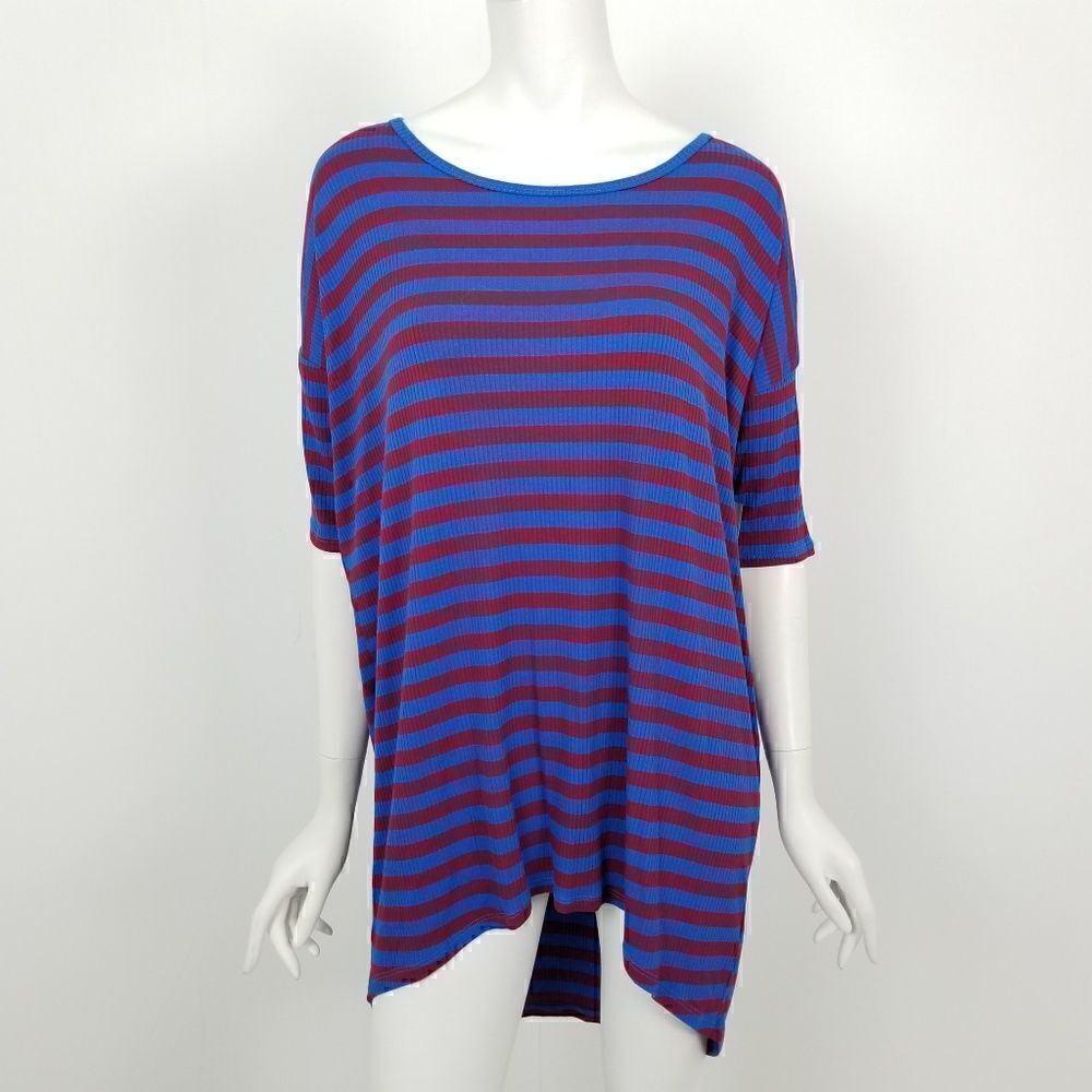 Lularoe Womens Size Medium Blue & Red Striped Ribbed Knit Irma Tunic Top NWT